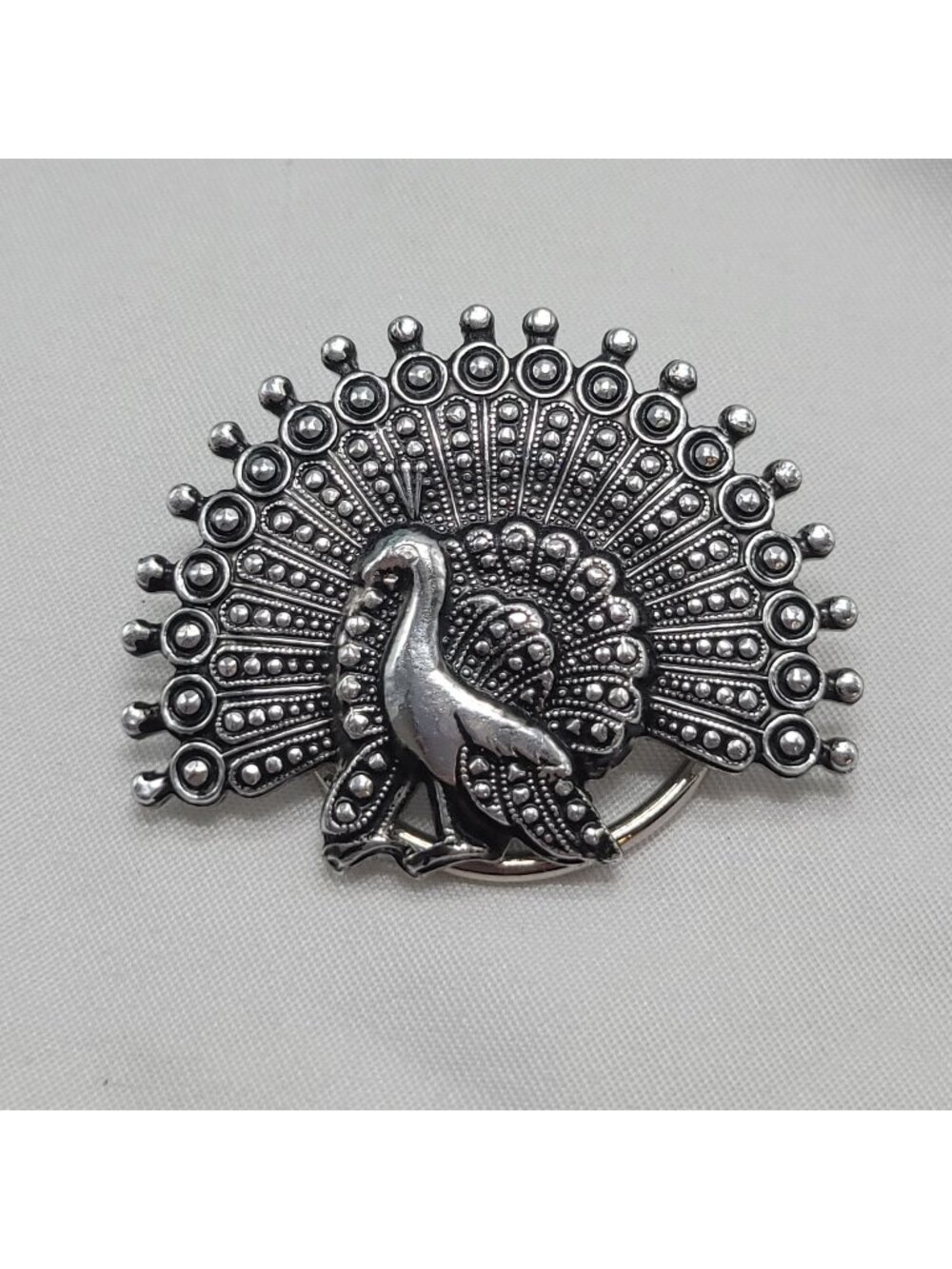 Vintage W Germany Metal Peacock Scarf Clip Intricate Detailing Silver-Tone